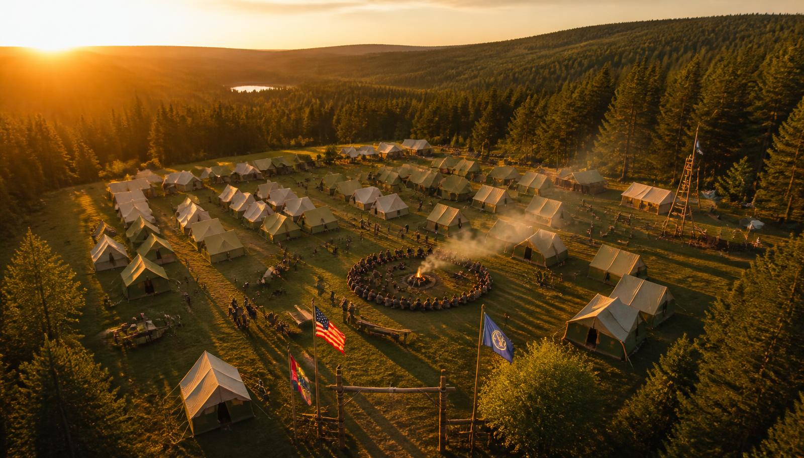 Vista aérea de um acampamento de escuteiros ao pôr do sol